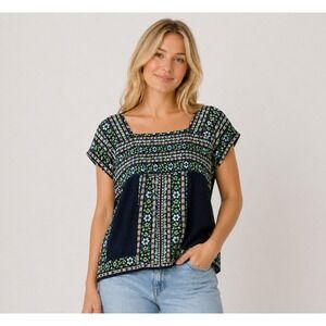 Boho Floral Peasant R Q T Top Cottagecore Blouse Flowy Relaxed Fit Size S